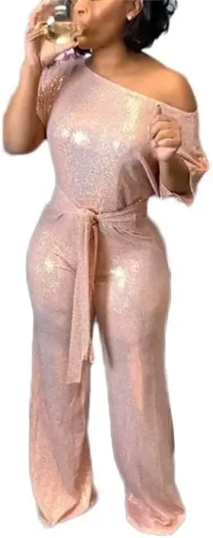 LKOUS Women's Evening Sparkly Jumpsuits Off Shoulder Short Sleeve Party Sequins Rompers High Waisted Wide Leg Pants Suit