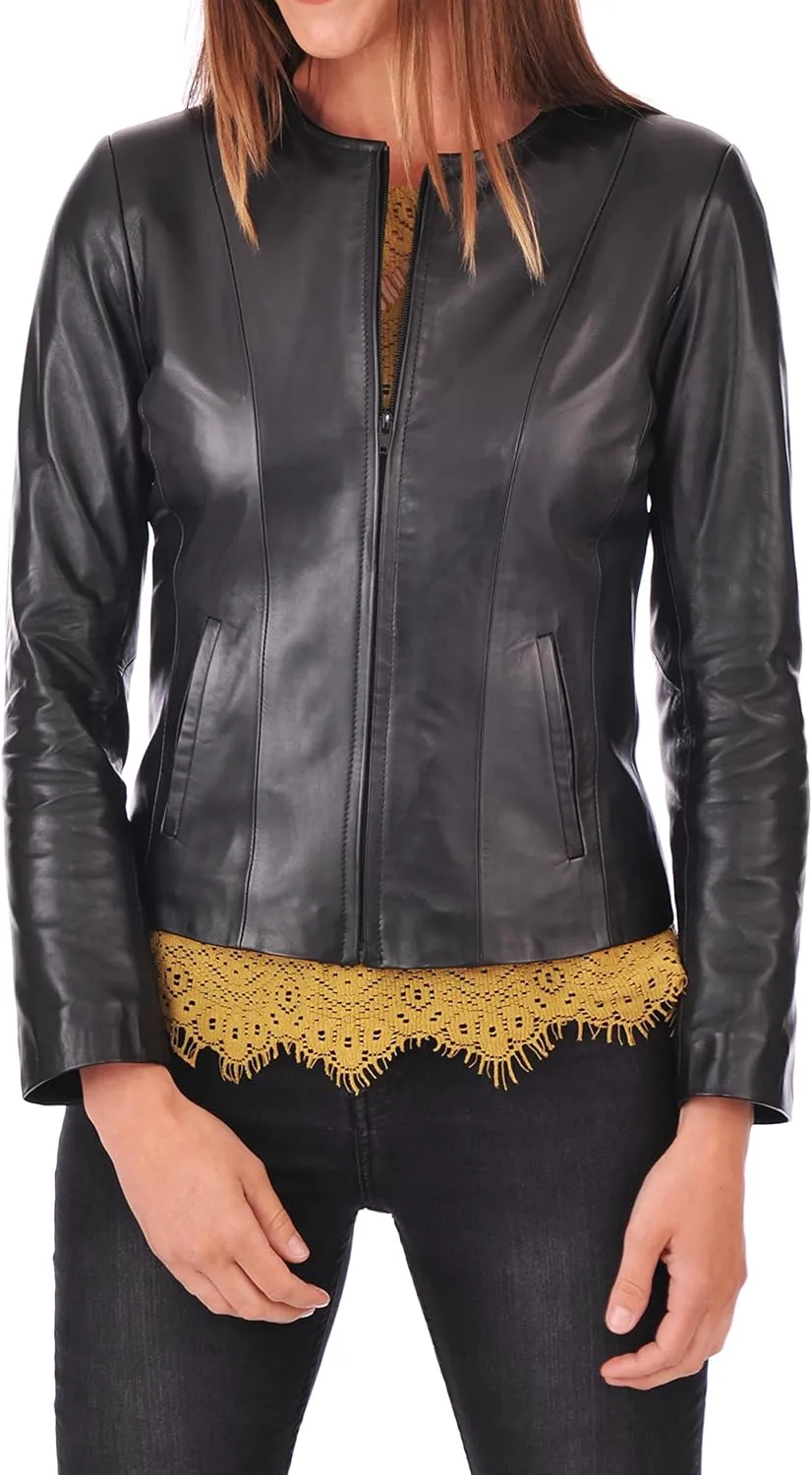 LL LEATHER LOVERS Women's Lambskin Leather Bomber Biker Jacket