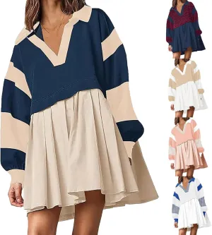 Long Sleeve Fall Dresses for Women 2024 Casual V Neck Striped Mini Dress Fashion Cute Ruffle T-Shirt Dress Preppy Top