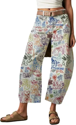 loveimgs Women Baggy Barrel Jeans Mid Rise Printed Denim Pants Wide Leg Jeans Boyfriend Y2k Patchwork Cartoon 2025 Hippie