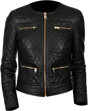LP-FACON Women's Moto Quilted Cafe Racer Leather Jacket - Motorcycle Biker Black Leather Jacket