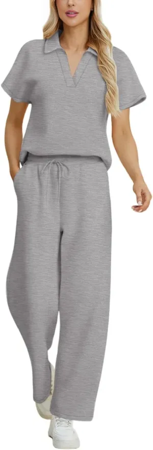 Lrady Women's 2 Piece Outfits Casual Travel Tracksuit Short Sleeve Polo Top Wide Leg Pants Lounge Airport Matching Sets