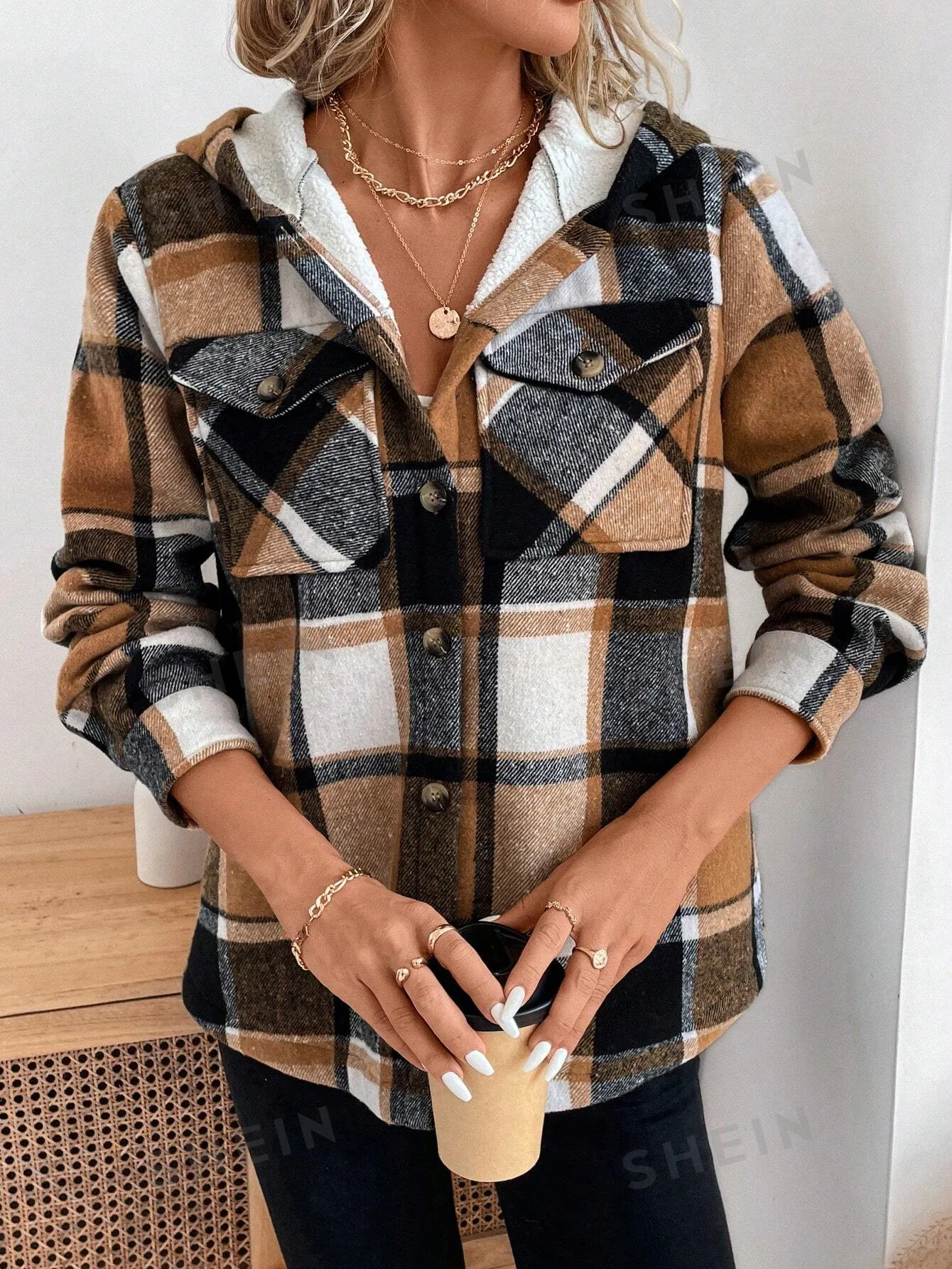 LUNE Women's Casual Plaid Fleece Lined Hooded Regular Jacket, Winter