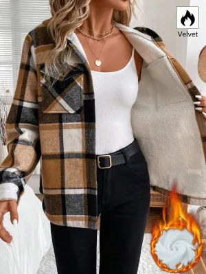 LUNE Women's Casual Plaid Fleece Lined Hooded Regular Jacket, Winter