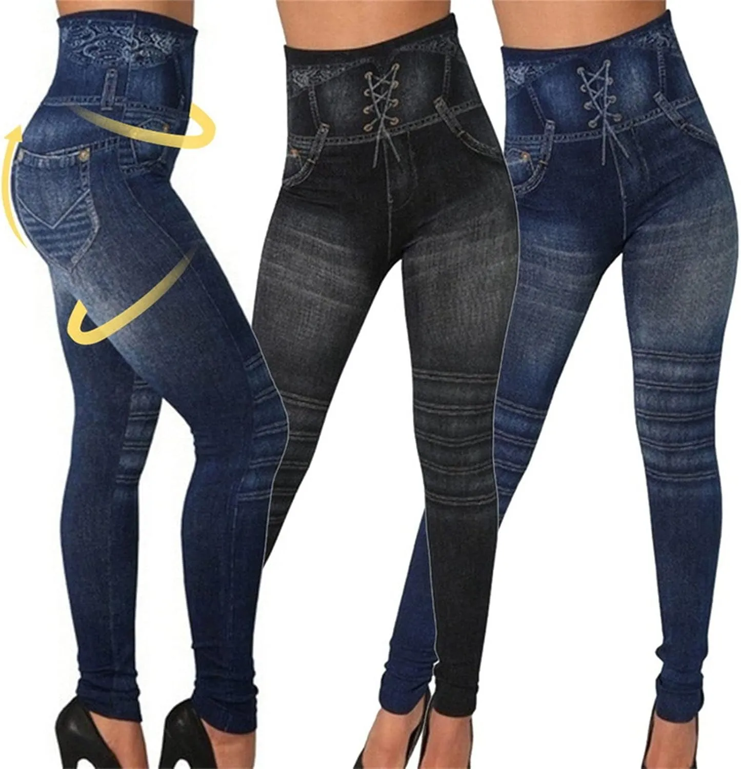 Maiyifu-GJ Women's High Waist Denim Print Leggings Tummy Control Butt Lifting Fake Jeans Seamless Stretch Slim Skinny Pants
