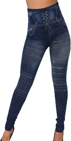 Maiyifu-GJ Women's High Waist Denim Print Leggings Tummy Control Butt Lifting Fake Jeans Seamless Stretch Slim Skinny Pants
