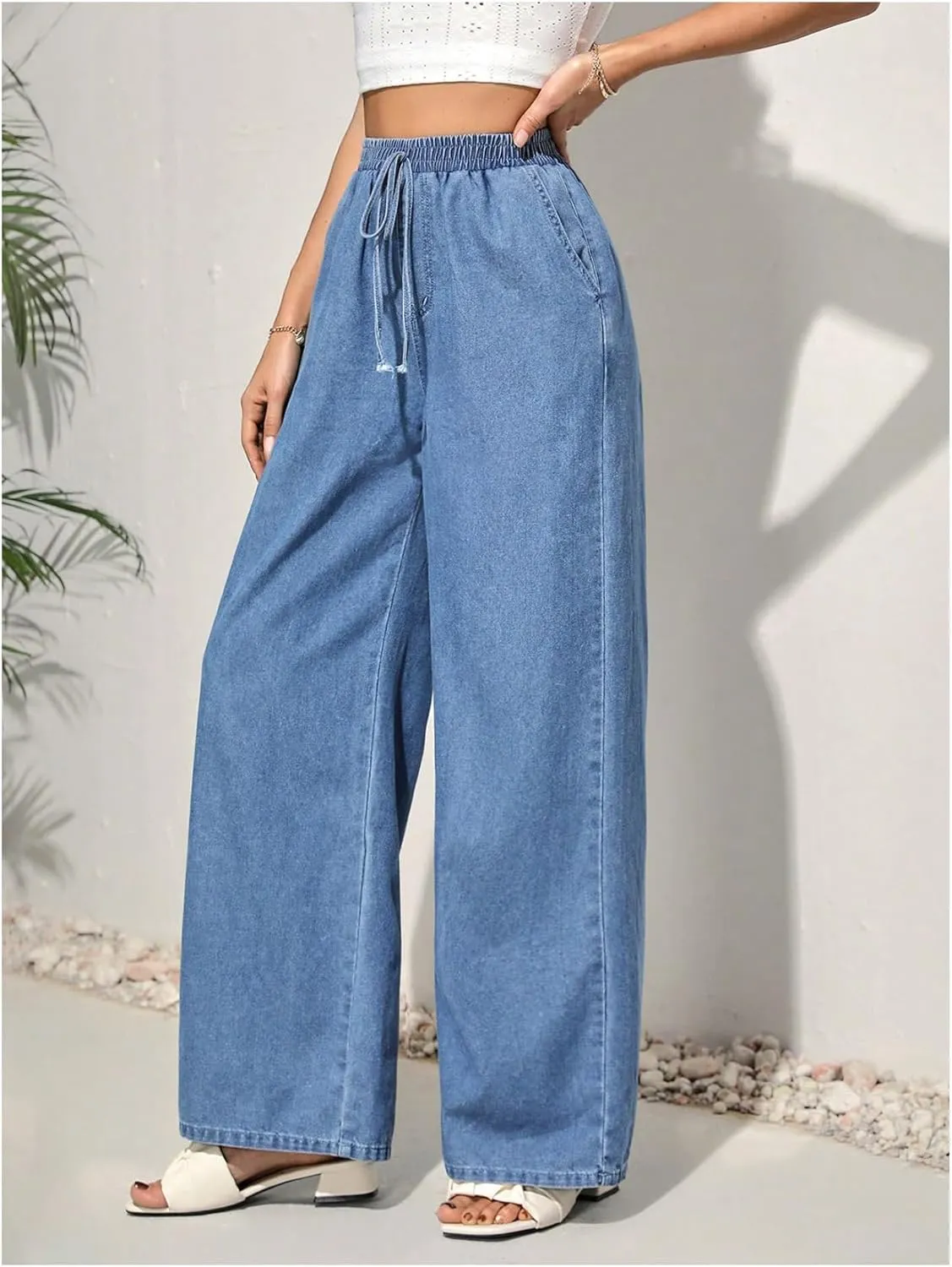 MakeMeChic Women's Elastic High Waisted Straight Wide Legs Jeans Tie Front Denim Baggy Pants