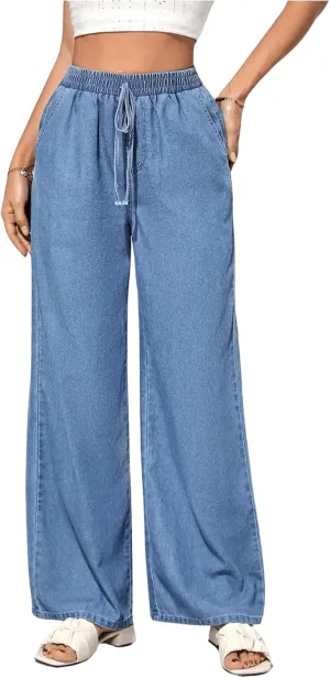 MakeMeChic Women's Elastic High Waisted Straight Wide Legs Jeans Tie Front Denim Baggy Pants
