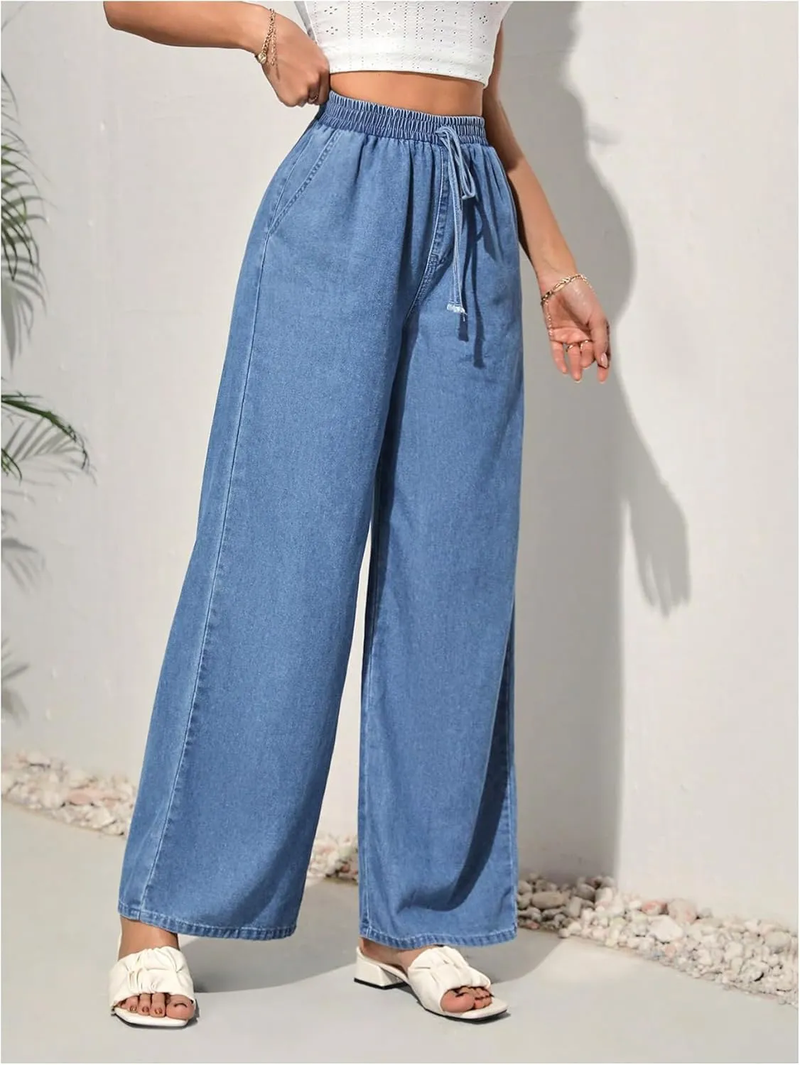 MakeMeChic Women's Elastic High Waisted Straight Wide Legs Jeans Tie Front Denim Baggy Pants