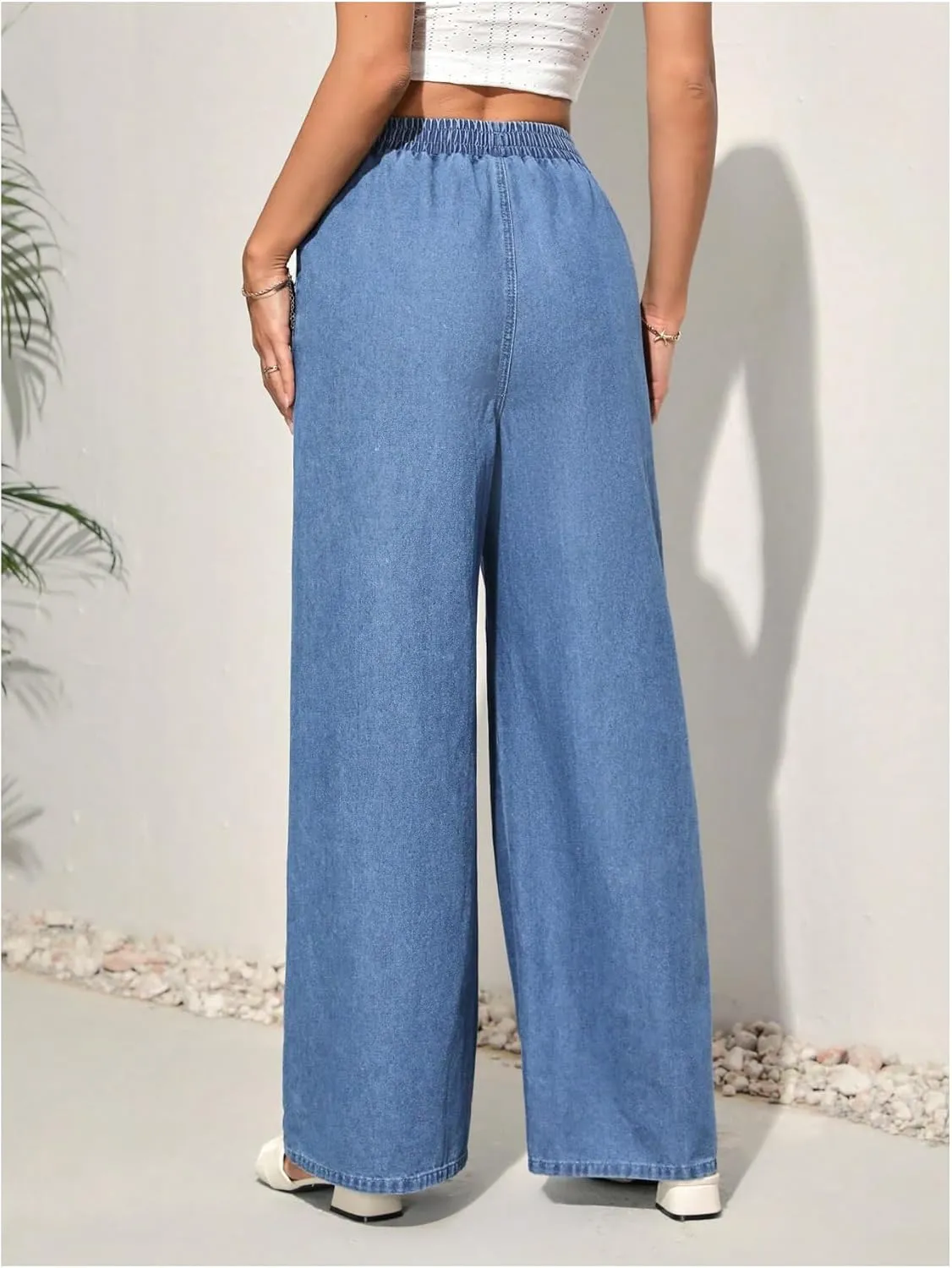 MakeMeChic Women's Elastic High Waisted Straight Wide Legs Jeans Tie Front Denim Baggy Pants