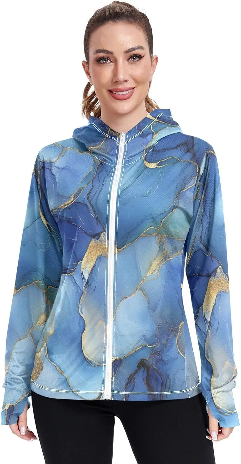 Marble Silver Royal Blue Sun Hoodie Quick Dry Work Shirts UPF 50  Protection Sweatshirt Lightweight Jacket Hiking Outdoor Performance camisas para el sol