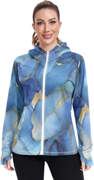 Marble Silver Royal Blue Sun Hoodie Quick Dry Work Shirts UPF 50  Protection Sweatshirt Lightweight Jacket Hiking Outdoor Performance camisas para el sol