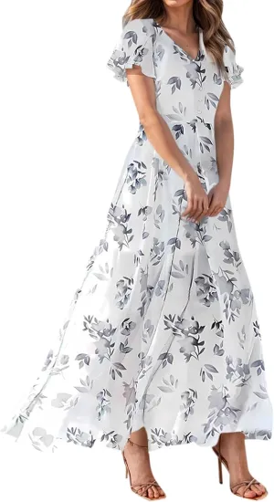 Maxi Dresses for Women,2025 Summer Trendy Floral Boho Dress,Casual V Neck Short Sleeve Chiffon Flowy Beach Dress