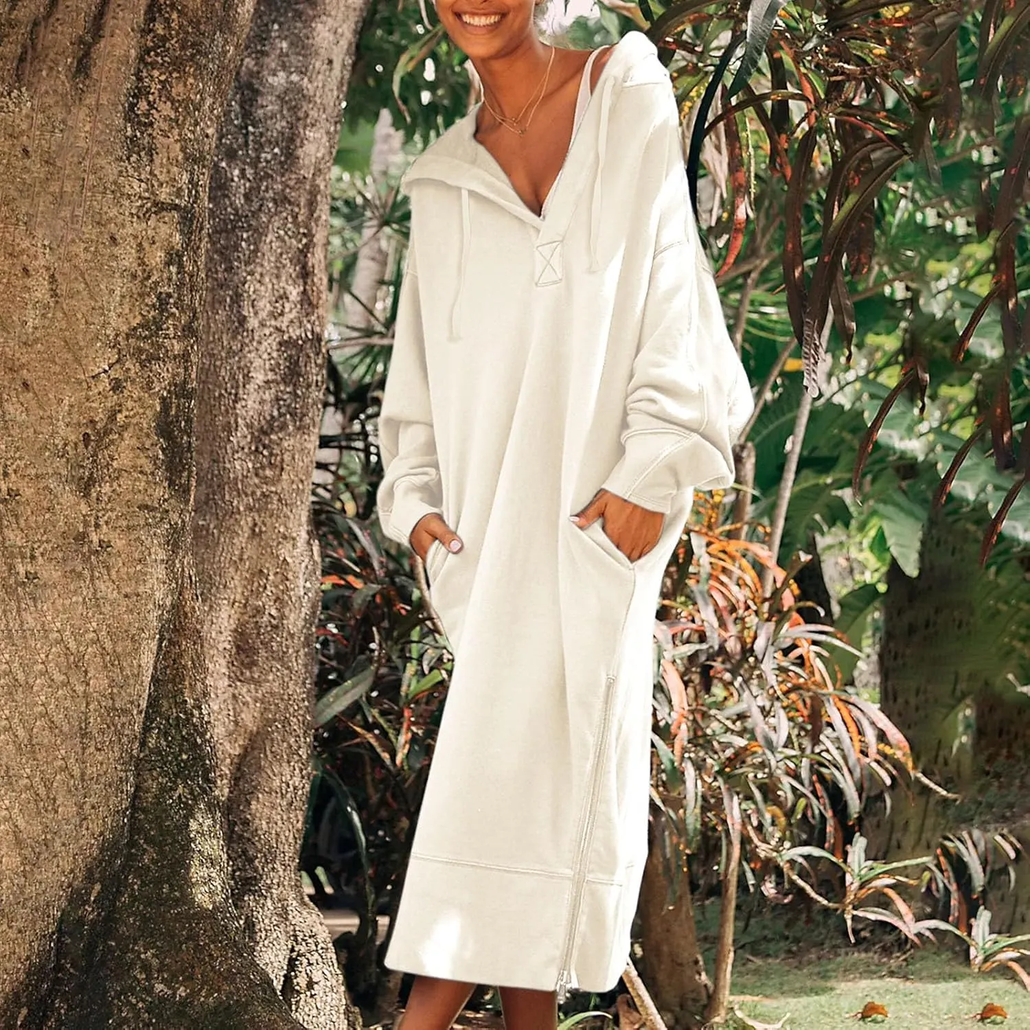 Maxi Sweatshirts for Women Fall Calf Length Oversized Hoodies Zipper Side Slit Long Sweatshirt Dresses with Pockets