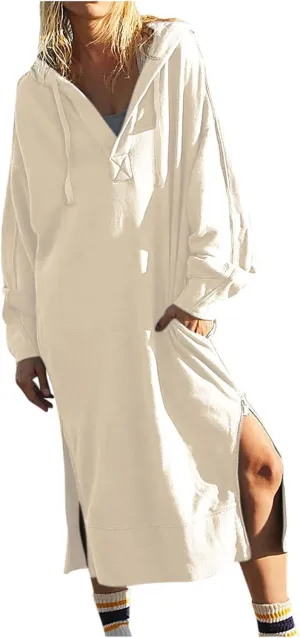Maxi Sweatshirts for Women Fall Calf Length Oversized Hoodies Zipper Side Slit Long Sweatshirt Dresses with Pockets