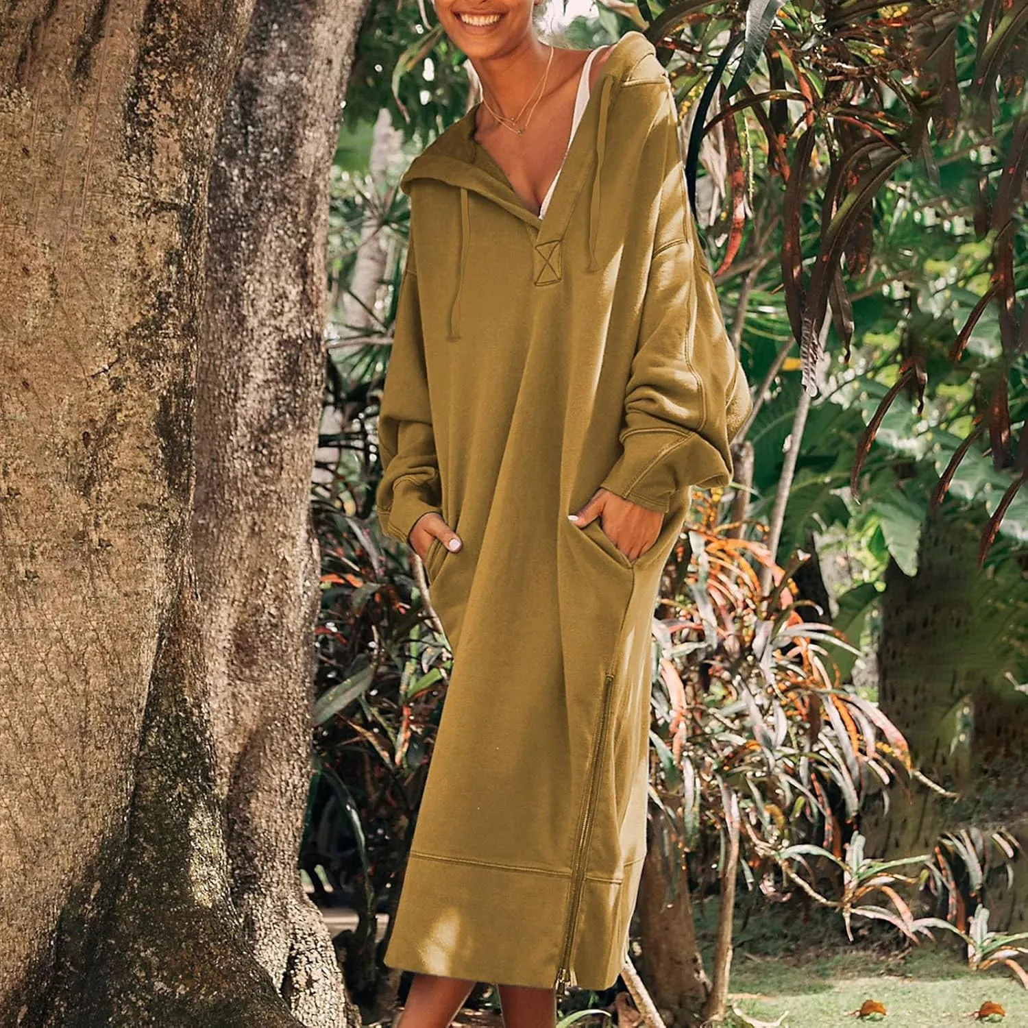 Maxi Sweatshirts for Women Fall Calf Length Oversized Hoodies Zipper Side Slit Long Sweatshirt Dresses with Pockets