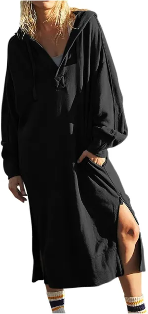 Maxi Sweatshirts for Women Fall Calf Length Oversized Hoodies Zipper Side Slit Long Sweatshirt Dresses with Pockets