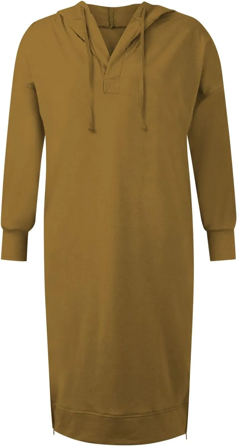 Maxi Sweatshirts for Women Fall Calf Length Oversized Hoodies Zipper Side Slit Long Sweatshirt Dresses with Pockets