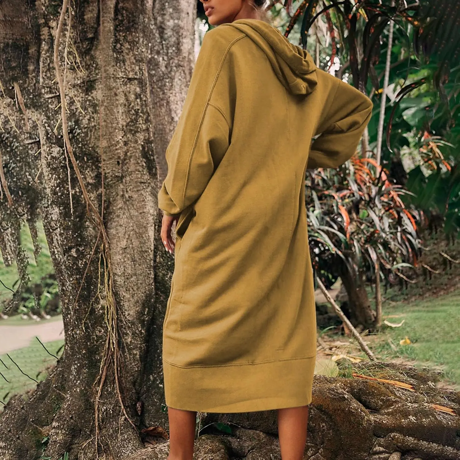 Maxi Sweatshirts for Women Fall Calf Length Oversized Hoodies Zipper Side Slit Long Sweatshirt Dresses with Pockets