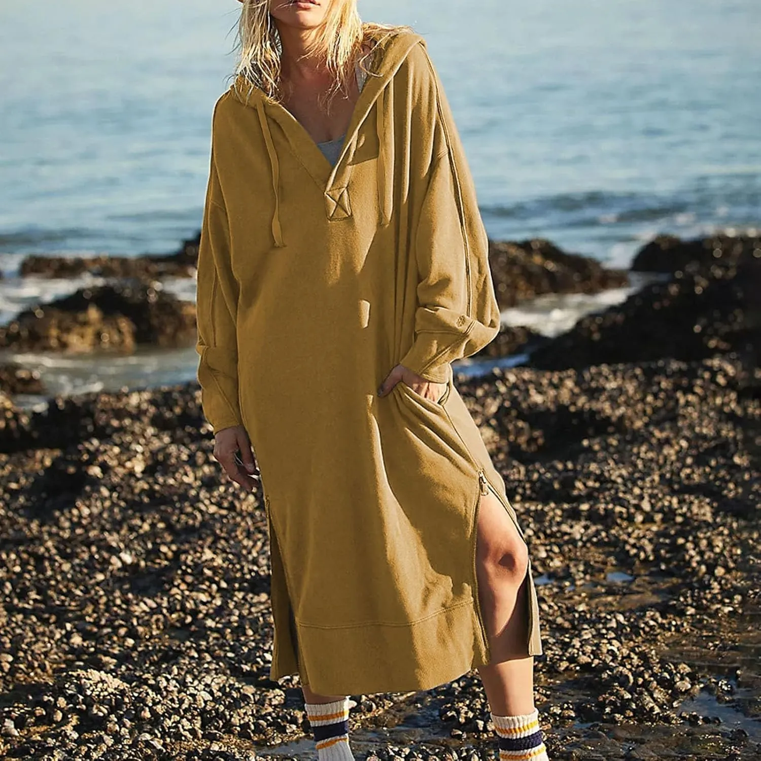Maxi Sweatshirts for Women Fall Calf Length Oversized Hoodies Zipper Side Slit Long Sweatshirt Dresses with Pockets