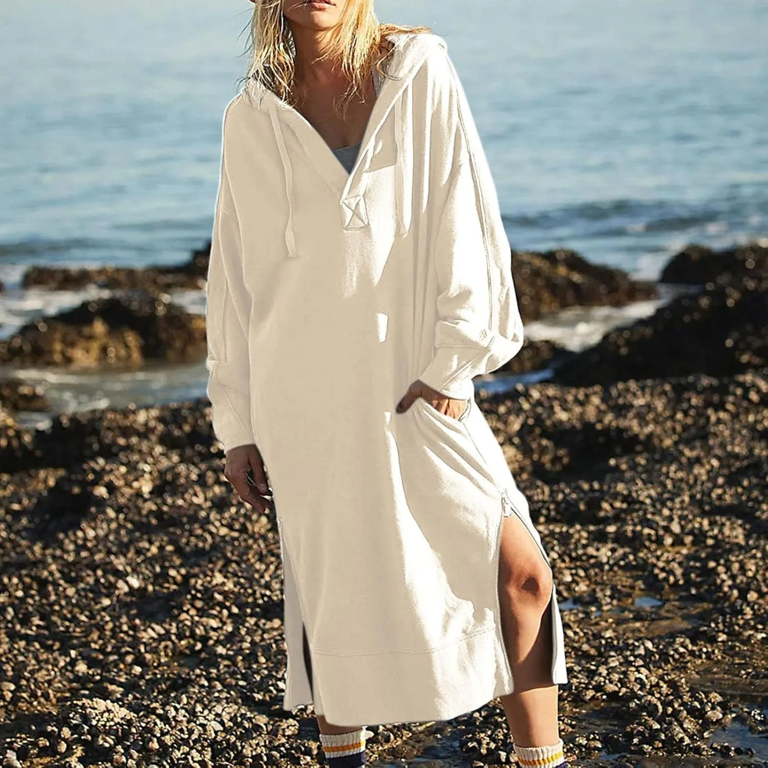 Maxi Sweatshirts for Women Fall Calf Length Oversized Hoodies Zipper Side Slit Long Sweatshirt Dresses with Pockets
