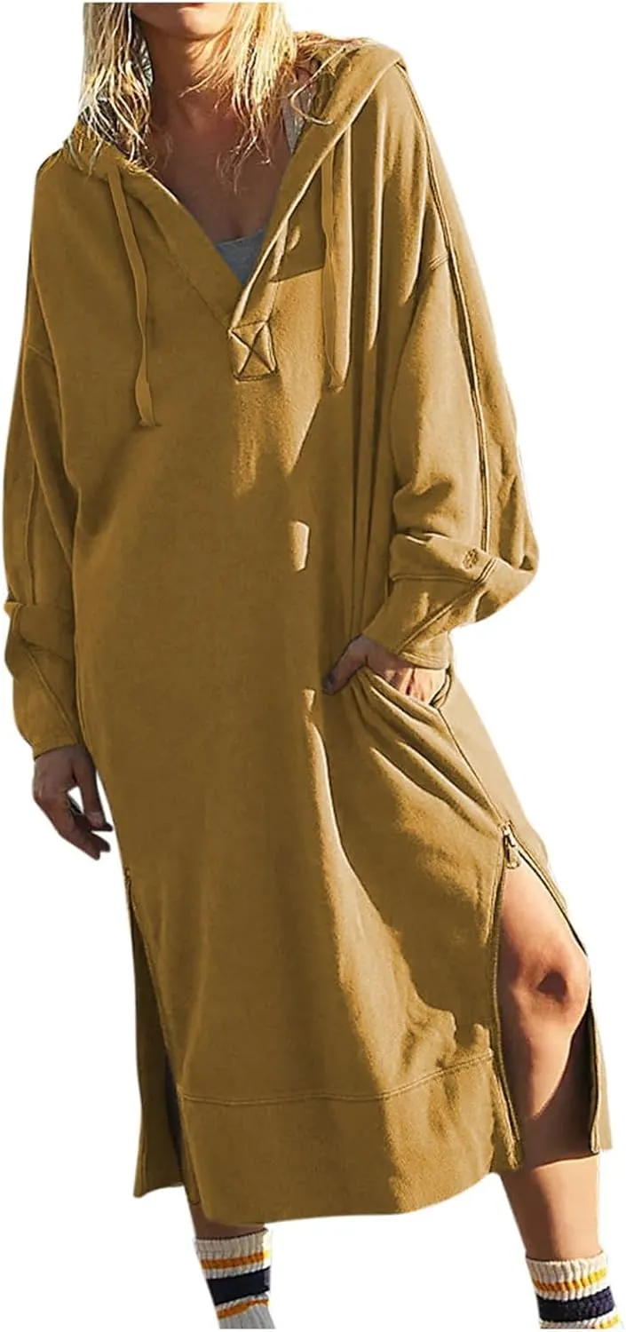 Maxi Sweatshirts for Women Fall Calf Length Oversized Hoodies Zipper Side Slit Long Sweatshirt Dresses with Pockets