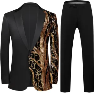 Mens 2 Piece Suit Slim Fit Sequin Shiny One Button Tuxedo Black Sequin Jacket Pants Sets for Wedding Party Prom