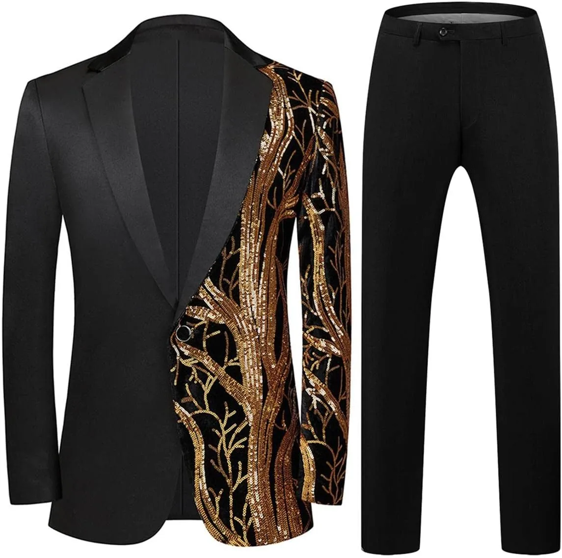 Mens 2 Piece Suit Slim Fit Sequin Shiny One Button Tuxedo Black Sequin Jacket Pants Sets for Wedding Party Prom