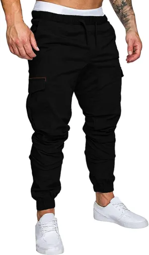 Mens Casual Cotton Cargo Pants Elastic Drawstring Joggers with Pockets Hiking Sweatpants Outdoor Sport Trousers