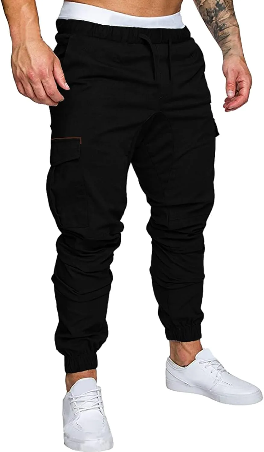 Mens Casual Cotton Cargo Pants Elastic Drawstring Joggers with Pockets Hiking Sweatpants Outdoor Sport Trousers