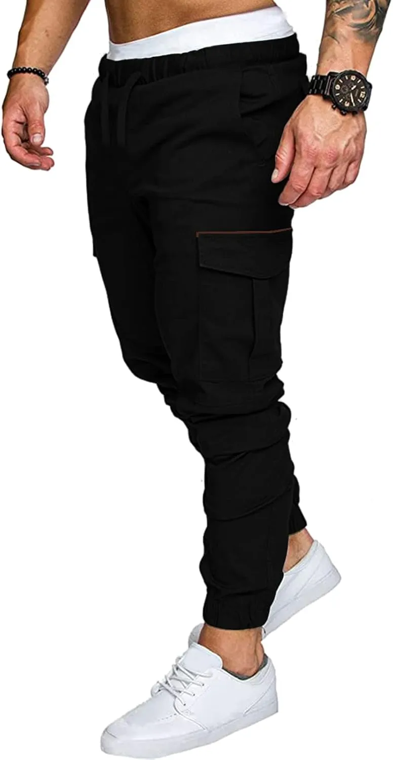 Mens Casual Cotton Cargo Pants Elastic Drawstring Joggers with Pockets Hiking Sweatpants Outdoor Sport Trousers