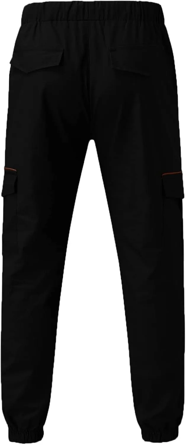 Mens Casual Cotton Cargo Pants Elastic Drawstring Joggers with Pockets Hiking Sweatpants Outdoor Sport Trousers