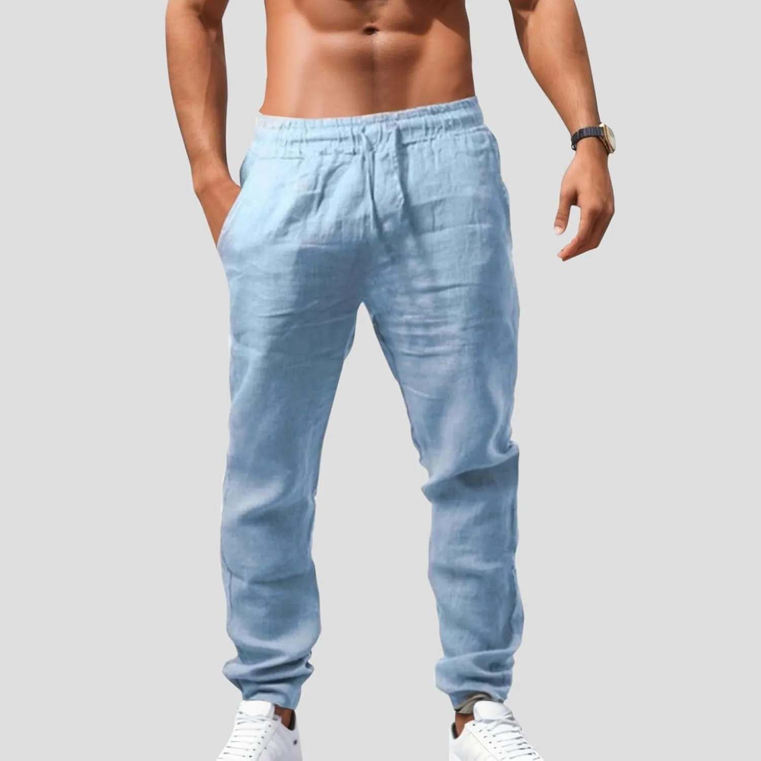 Men's Casual Cotton Linen Pants Hiking Joggers Elastic Waist Loose Fit Trousers Lightweight Yoga Beach Pants
