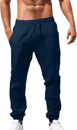 Men's Casual Cotton Linen Pants Hiking Joggers Elastic Waist Loose Fit Trousers Lightweight Yoga Beach Pants