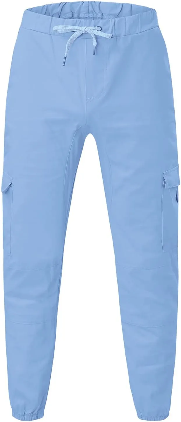 Mens Casual Elastic Drawstring Cargo Pants Outdoor Trousers Cotton Workout Sweatpants Hiking Joggers with Pockets