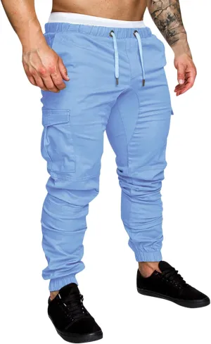 Mens Casual Elastic Drawstring Cargo Pants Outdoor Trousers Cotton Workout Sweatpants Hiking Joggers with Pockets