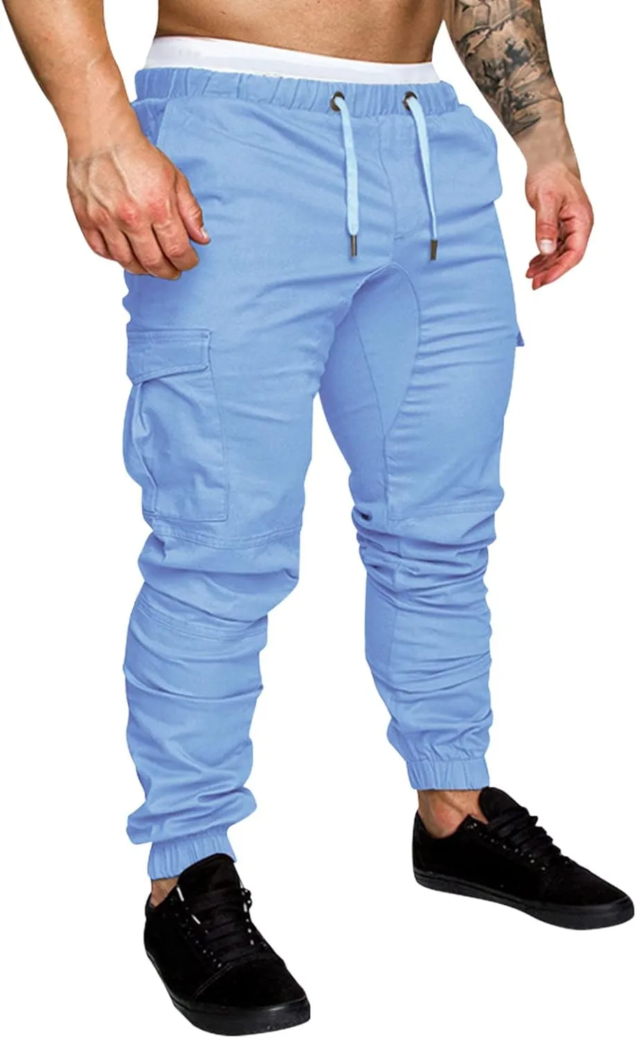 Mens Casual Elastic Drawstring Cargo Pants Outdoor Trousers Cotton Workout Sweatpants Hiking Joggers with Pockets