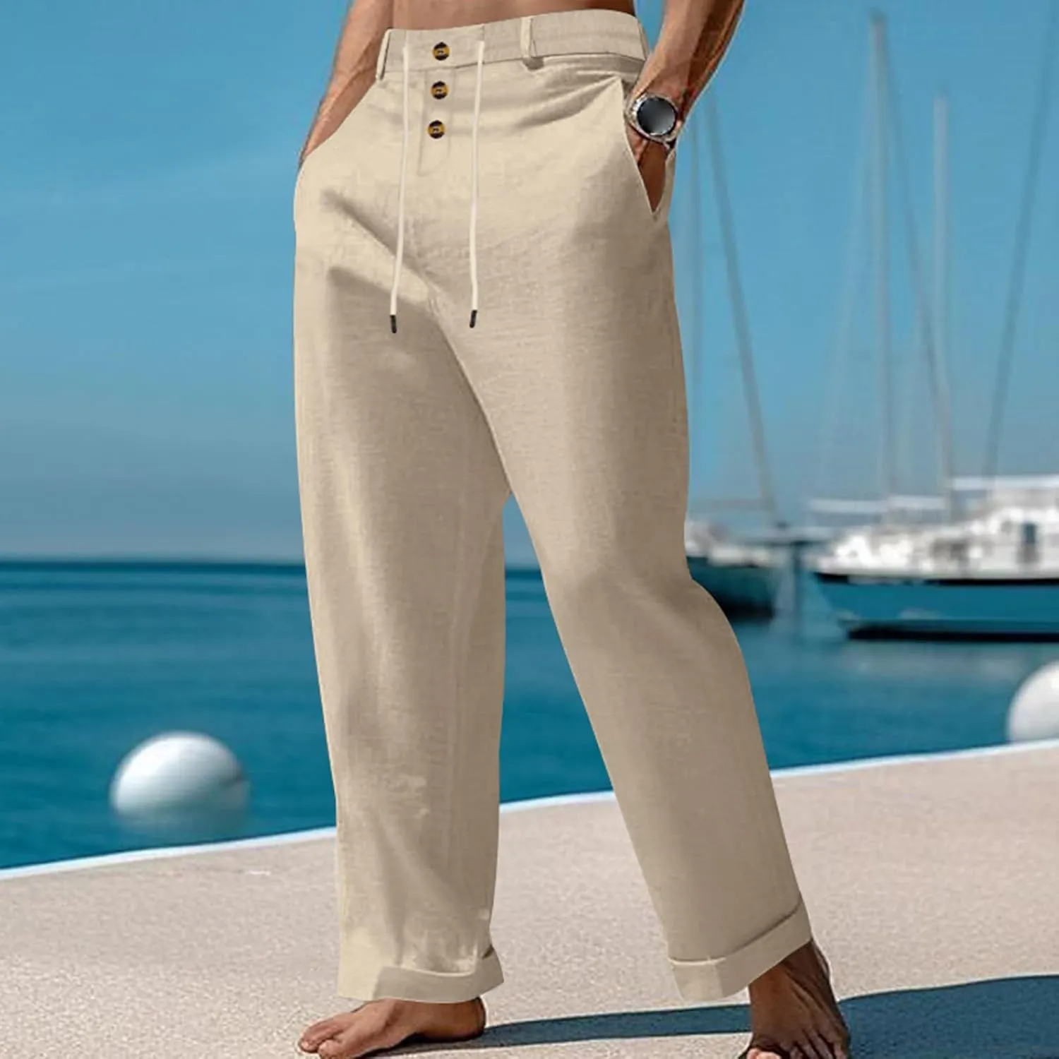 Mens Casual Linen Loose Fit Elastic Drawstring Lightweight Straight Legs Summer Beach Yoga Long Trousers Pants