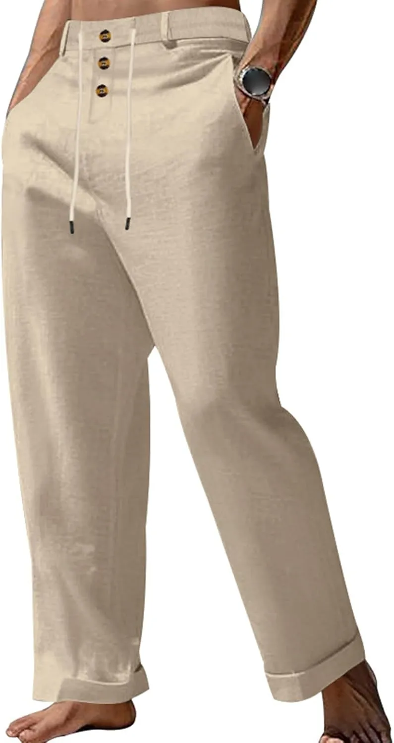 Mens Casual Linen Loose Fit Elastic Drawstring Lightweight Straight Legs Summer Beach Yoga Long Trousers Pants
