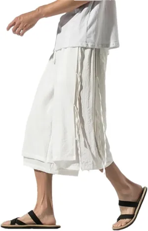 Men's Double Layer Harem Pants Cotton Elastic Waist Trousers Knee-Length Casual Sports Pants