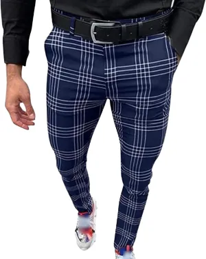Men's Dress Plaid Slim Fit Skinny Flat Front Business Pants with Pockets Casual Pants Stretch Chino Pants