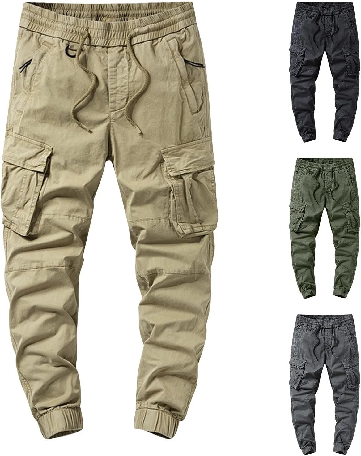 Men's Joggers Pants Casual Baggy Cotton Drawstring Tapered Sweatpants Cargo Loose Fit Trousers with Multi-Pocket