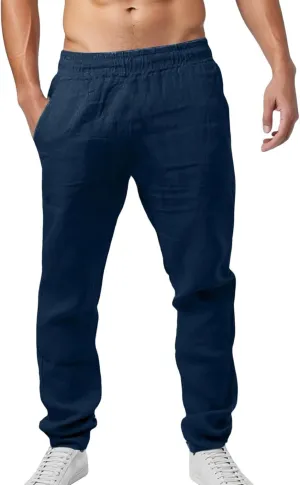 Mens Pants Casual Solid Color Vacation Elastic-Waisted Cotton Drawstring Pant Fashion Relax Fit High-Waisted Outfits