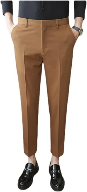 Men's Solid Color Slim Fit Flat Front Dress Pants, Formal Trousers Business Suit Pants Tapered Chino Pants