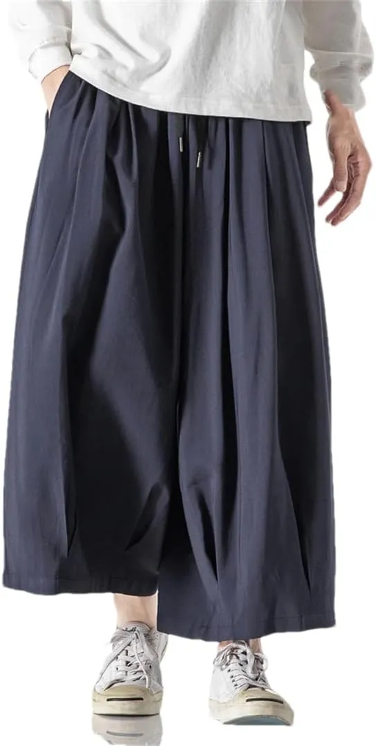 Men's Solid Cotton Hip-Hop Wide-Leg Pants, Loose Crotch Pants, Jogging Nine-Point Harem Pants