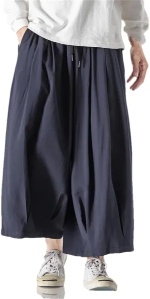 Men's Solid Cotton Hip-Hop Wide-Leg Pants, Loose Crotch Pants, Jogging Nine-Point Harem Pants