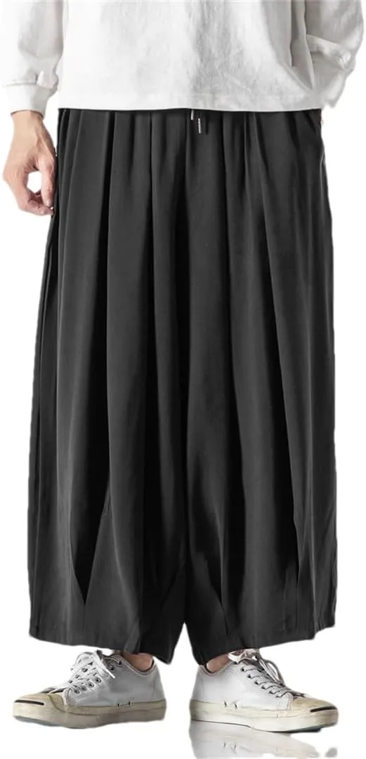 Men's Solid Cotton Hip-Hop Wide-Leg Pants, Loose Crotch Pants, Jogging Nine-Point Harem Pants