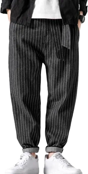Men's Striped Harem Pants Vintage Casual Loose Cotton Denim Pants Plus Size Distressed Washed Jean Trousers