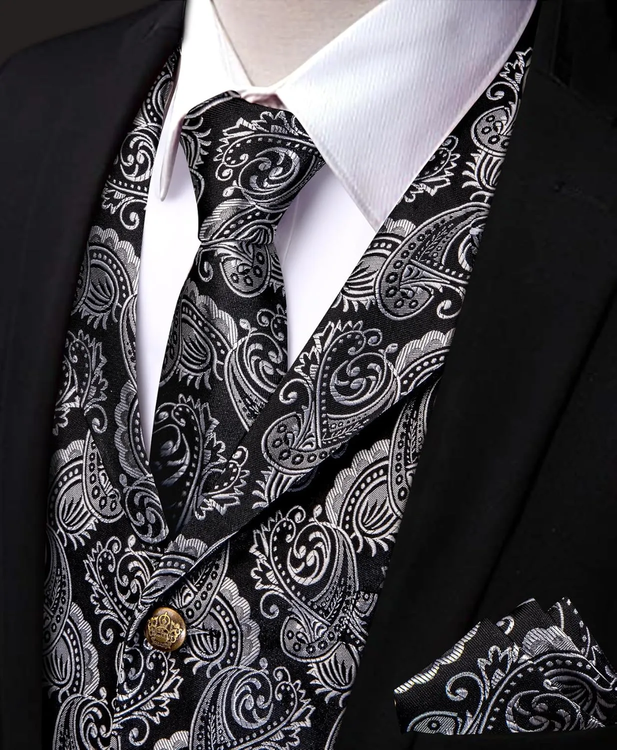 Mens Suit Vest 4PC Silk Paisley Vest with Necktie Pocket Square Cufflinks Formal Woven Waistcoat for Suit Tuxedo