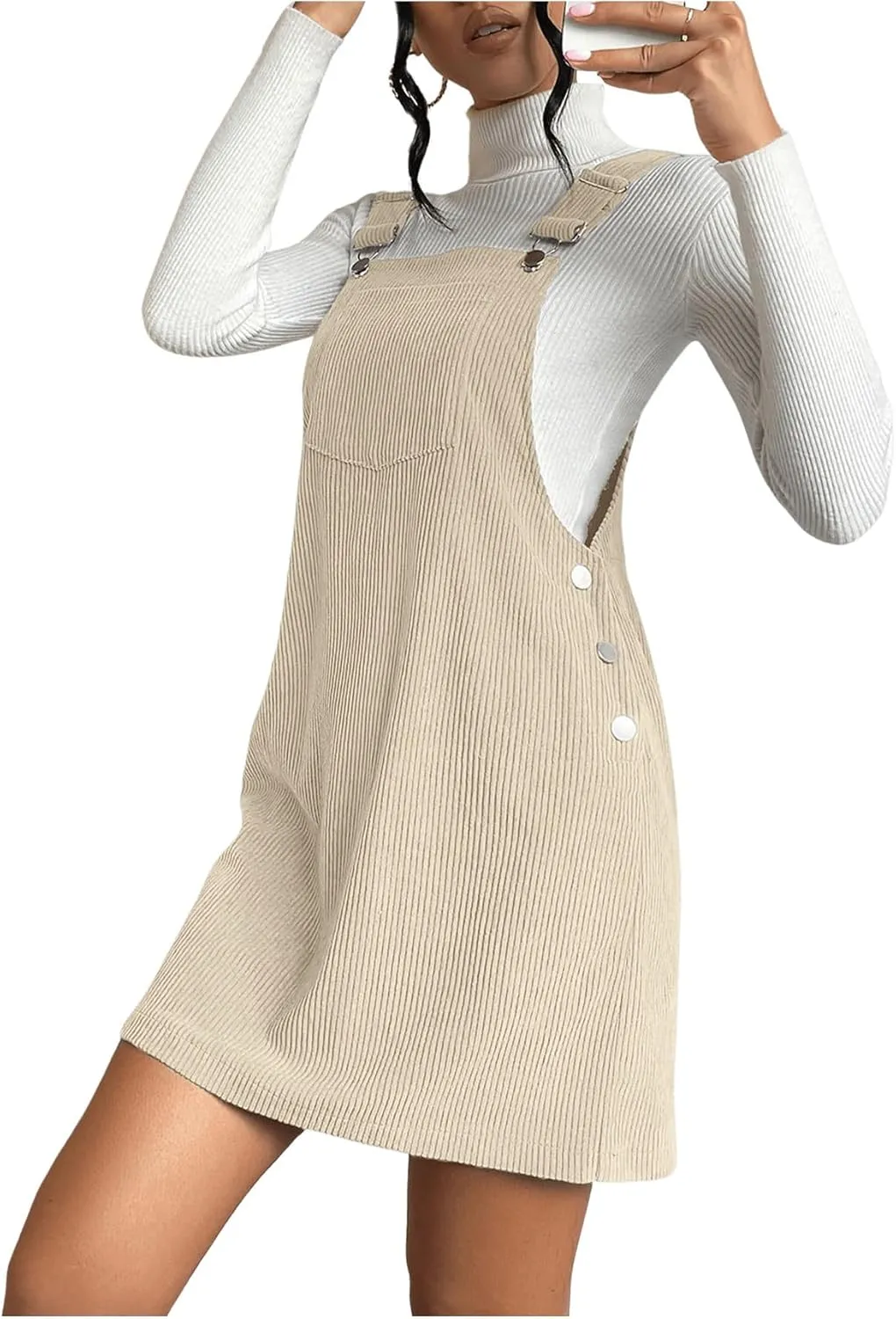 Milumia Women's Corduroy Button Front Straight Pinafore Overall Mini Dress with Pocket